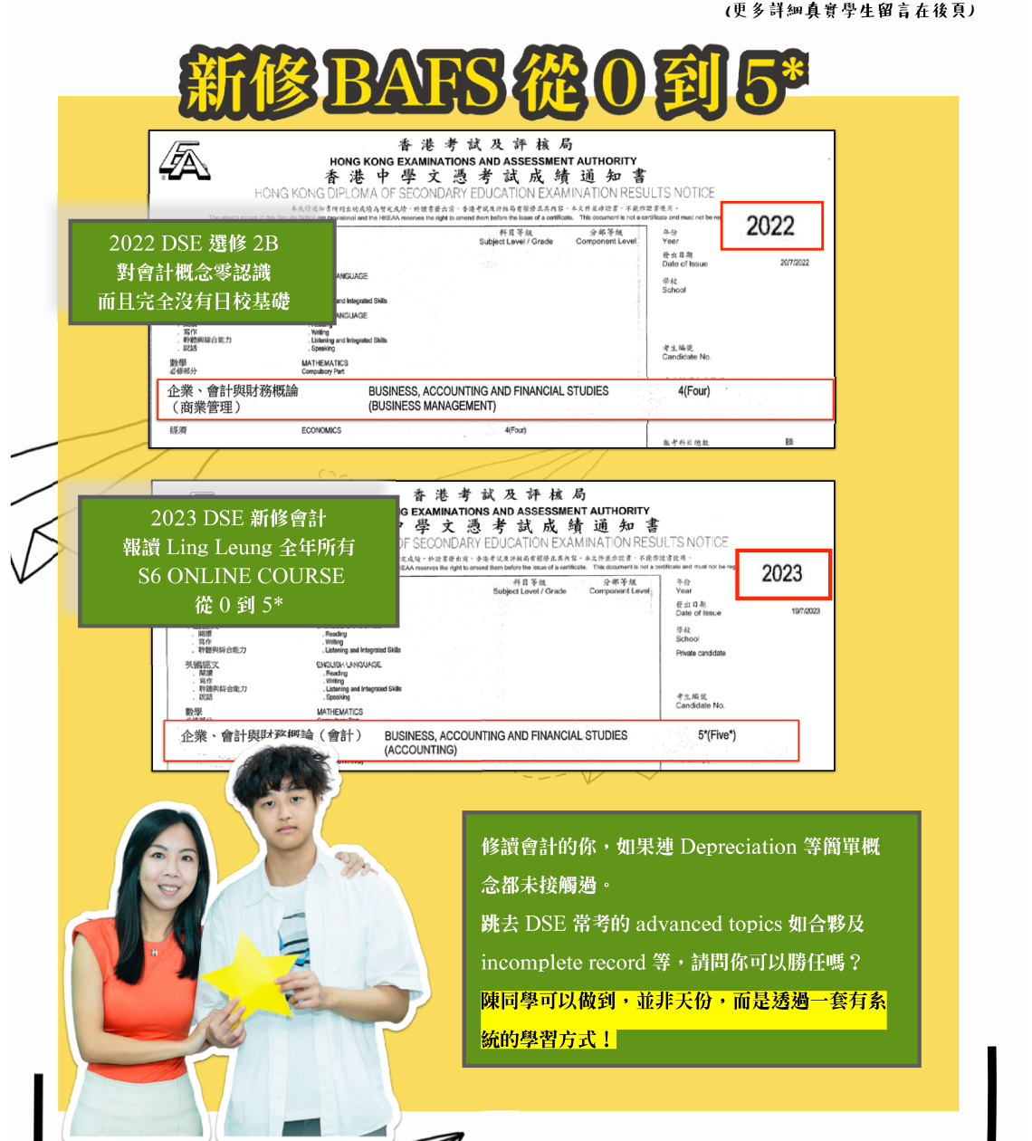陳同學與 Ling Leung 導師合照，以及 2022–2023 DSE 由 Level 4 進步至 Level 5* 的成績